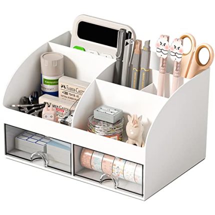 Desk Organizer and Accessories with 6 Compartments and 2 Drawers. Plastic Makeup Organizer. Pen Holder for Desktop Storage. Desk Organization for School. Home. Office Supplies (White)