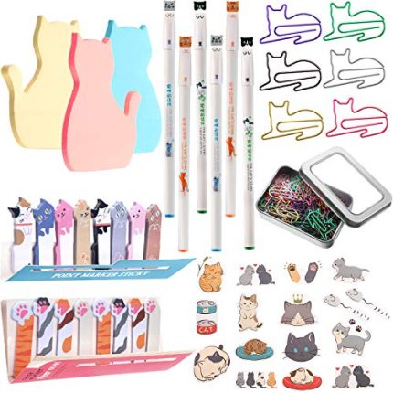 Cat Office Supplies Cute Sticky Notes Paper Clips Gel Ink Pens Cartoon Stickers Party Favor for Cat Lovers Stationery School Office Supplies Desk Accessories(Cute Style)