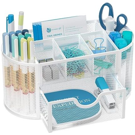 SUPEASY Mesh Desk Organizer. Desk Accessories & Workspace Organizers with Drawers. Pencil Holder for Desk with 9 Compartments for Office Suppliess. 8.6 x 4.3 x 4.1 Inch. White